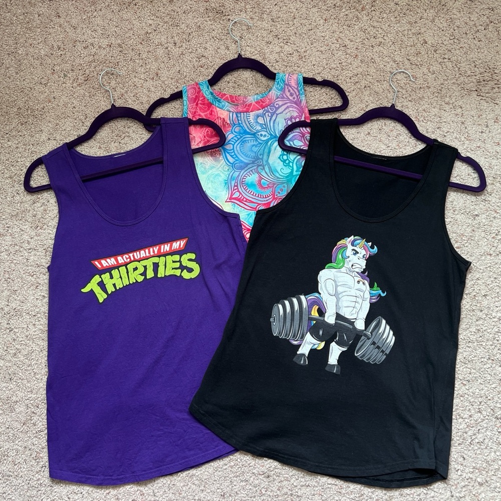 Bundle of 3 Fun Graphic Workout/Leisure Tank Tops – Size Women’s Large